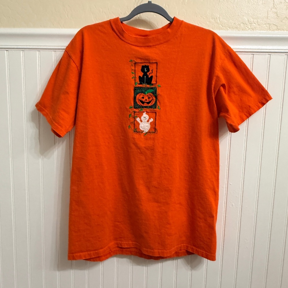 Anvil Vintage Embroidered Halloween Stacked Trio Crew T Shirt, Orange,L